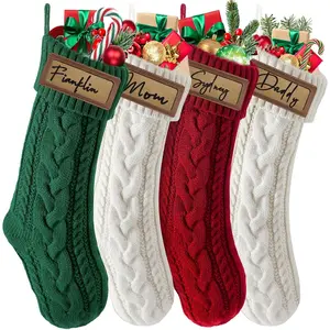 4 Pack Personalized Christmas Stocking with Leather Patches Custom Name Family Christmas Stockings, 18.5” Large Knitted Xmas Stockings for Kids, Holiday and Fireplace Party Decoration