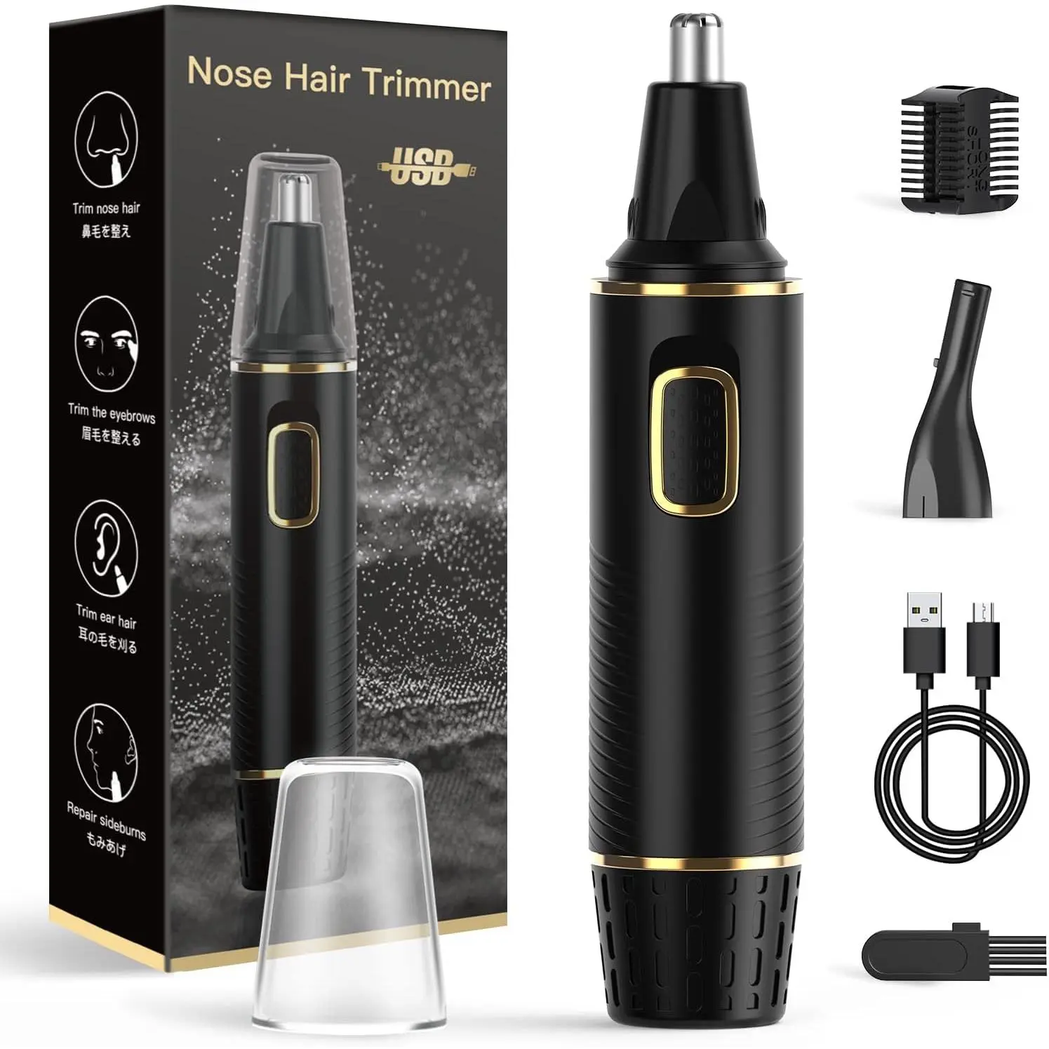 Nose Hair Trimmers for Men,Rechargeable Hair Trimmer 2 in 1 Painless Multifunctional Ear and Nose Hair Trimmer with IPX7 Waterproof Dual Edge Blades (Black)