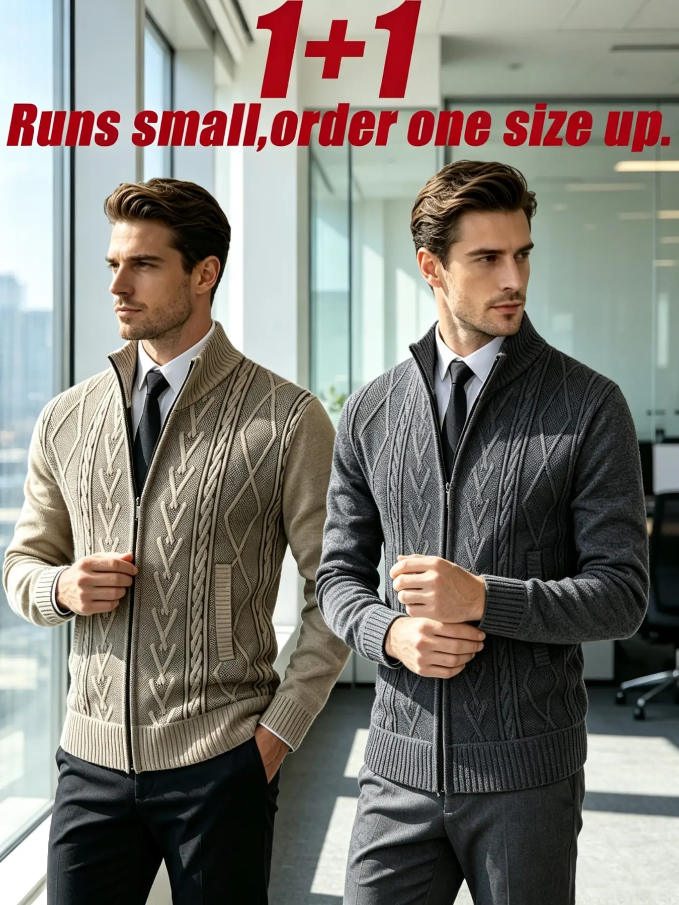 Two-Piece Fall Winter Business Men's Knit Cardigan, Stand Collar Zipper Windproof Design, Side Pockets Casual Warm Sweater Knitted Sweater