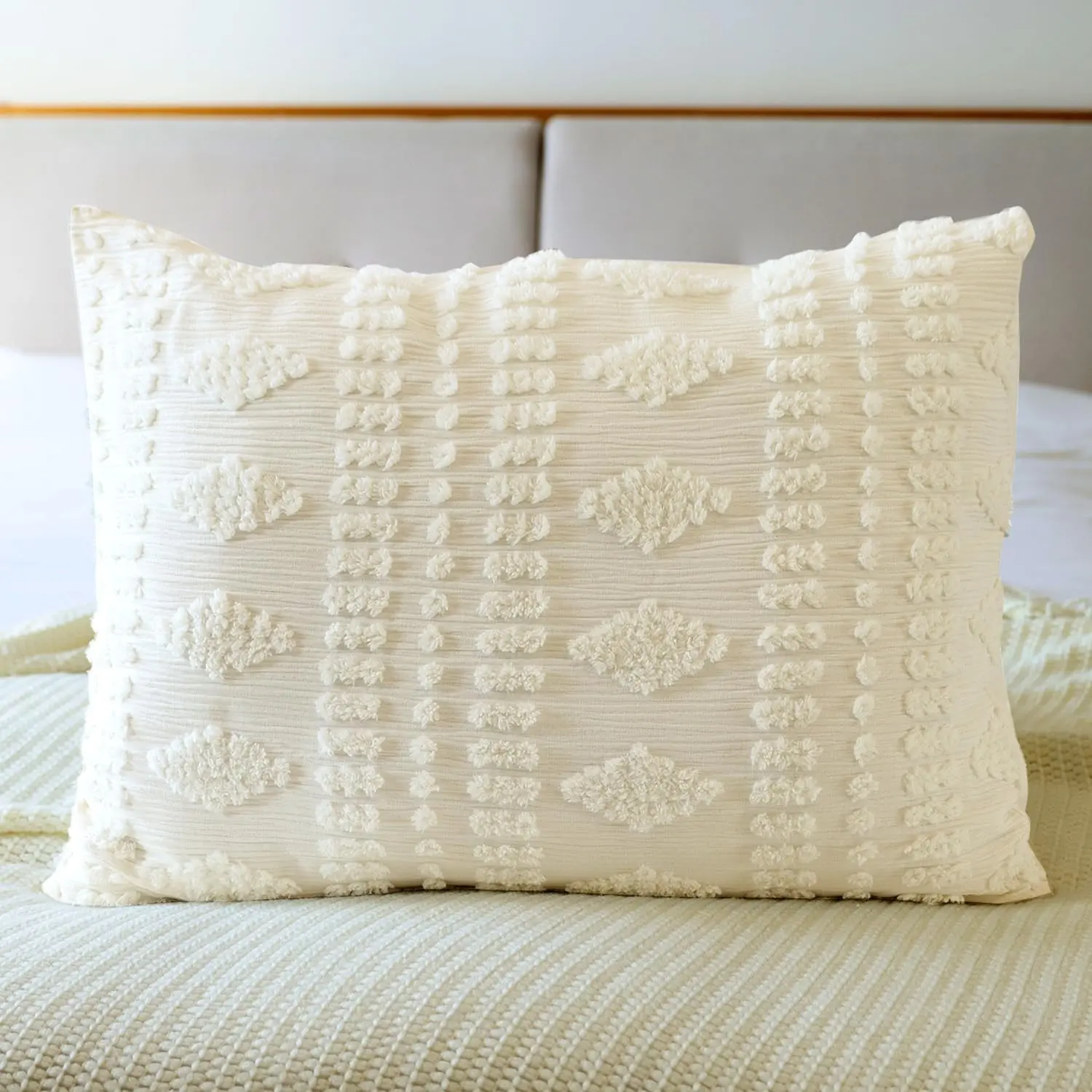 Tufted Pillow Shams King Ivory Set of 2 Boho Pillowcases Shabby Chic | Moroccan Pillow Sham, Cream Off White Textured Poms Diamonds Embroidered Jacquard Decorative Farmhouse Cotton 20x36