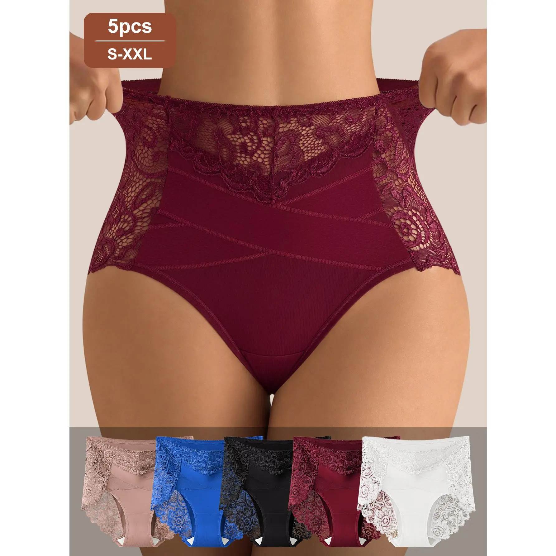 QUASTI 5 Pack Women's High Waisted Lace Underwear, Floral Lace Briefs, Lightweight Comfortable 4‑Way Stretch Panties, Shapewear Tummy Control Butt Lifting Wide Non‑Roll Waistband Briefs, S‑XXL