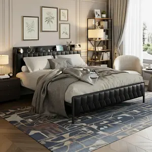 Garvee King Size Bed Frame with PU Faux Leather, Soft Headboard with Charging Station, Metal Platform Bed Frame with Storage, Noise-Free, No Box Spring Needed