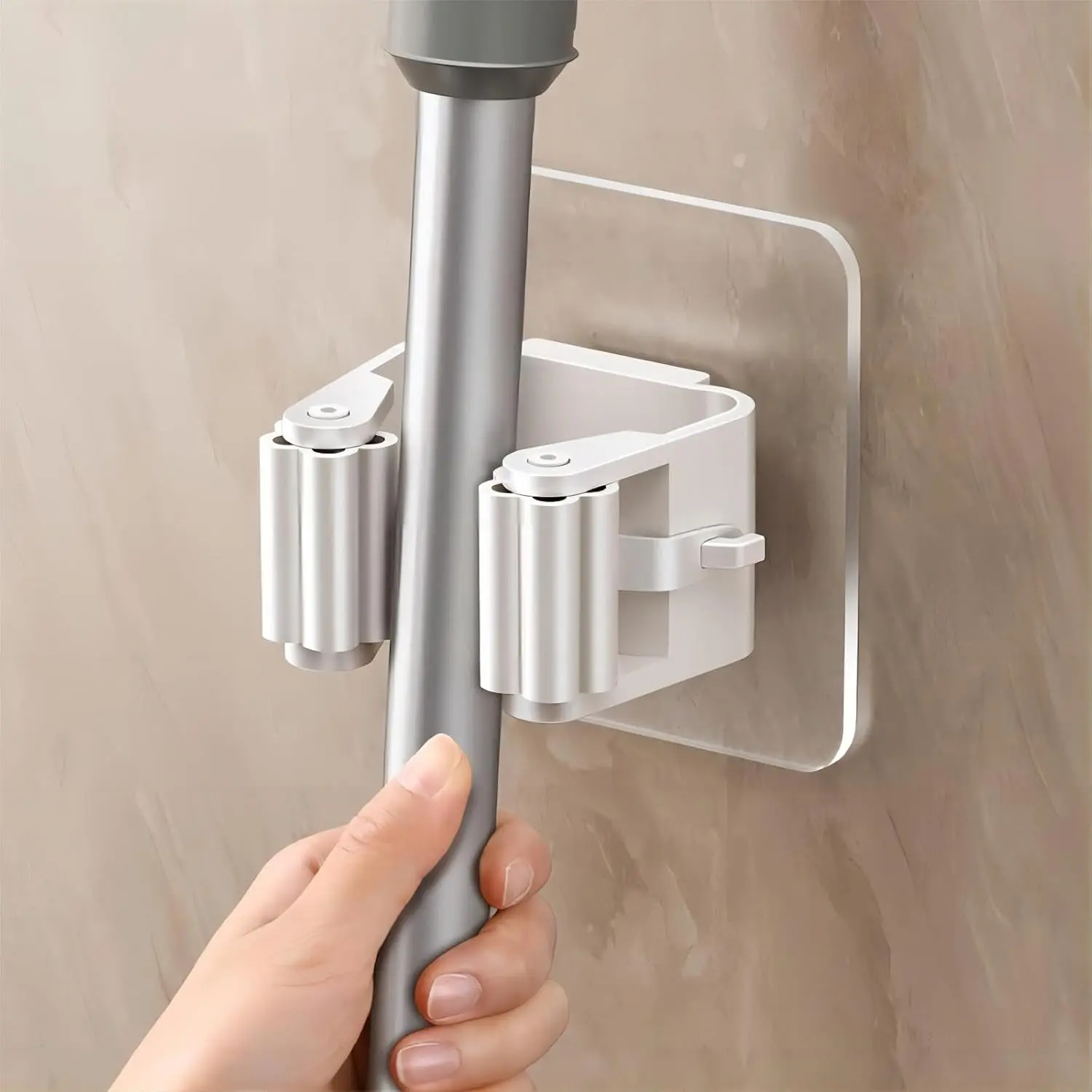 4Pcs Broom Holder Mop Hanger Wall Mount Hooks, No-Drill Strong Adhesive Organizer, Easy Install Plastic Rack