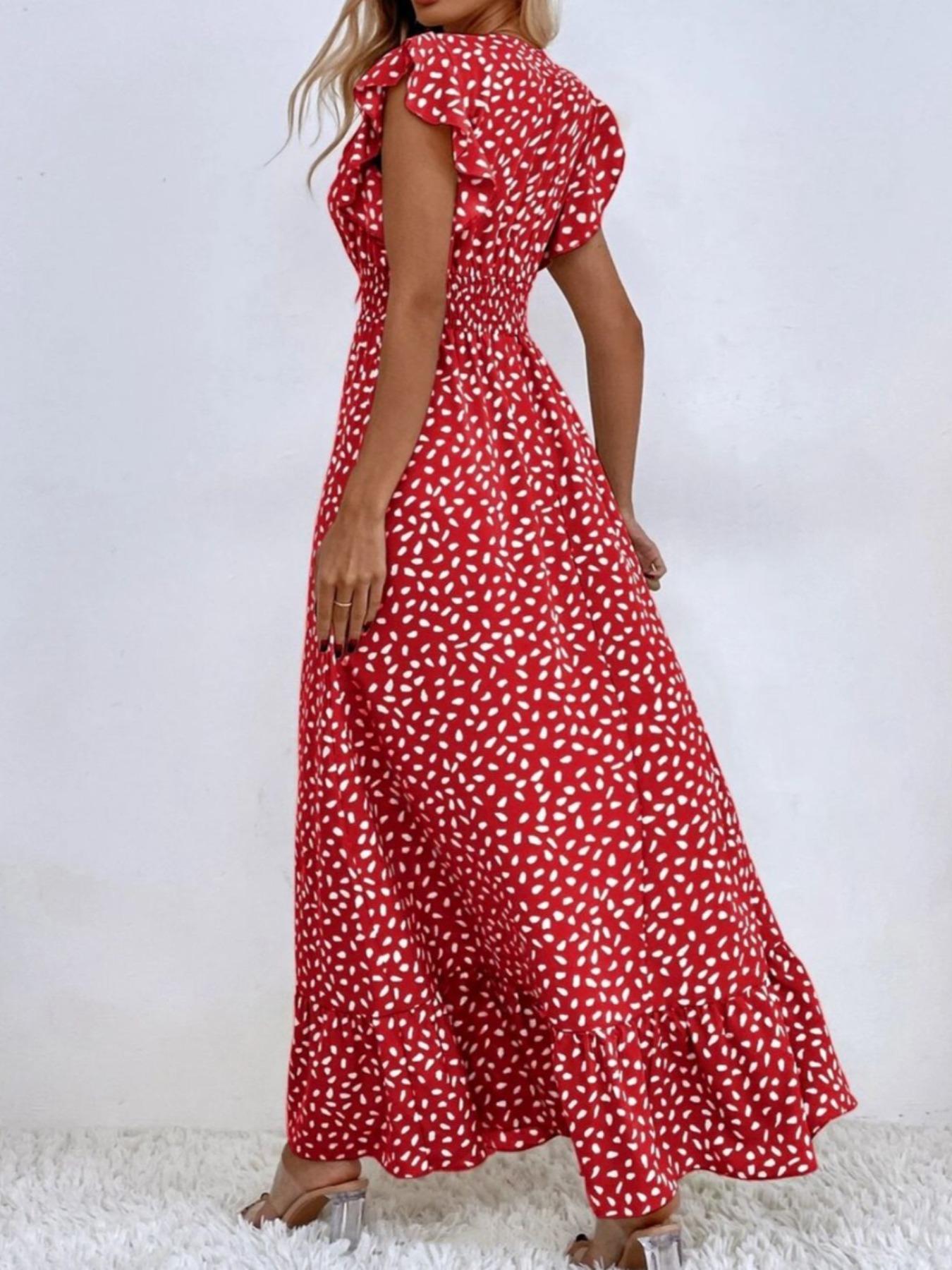 Women's All Over Print Ruffle Trim Butterfly Sleeve Long Dress, Boho Cap Sleeve V Neck Wrap A Line Dress for Holiday Vacation, Summer Outfits 2024, Ladies Dress for Summer