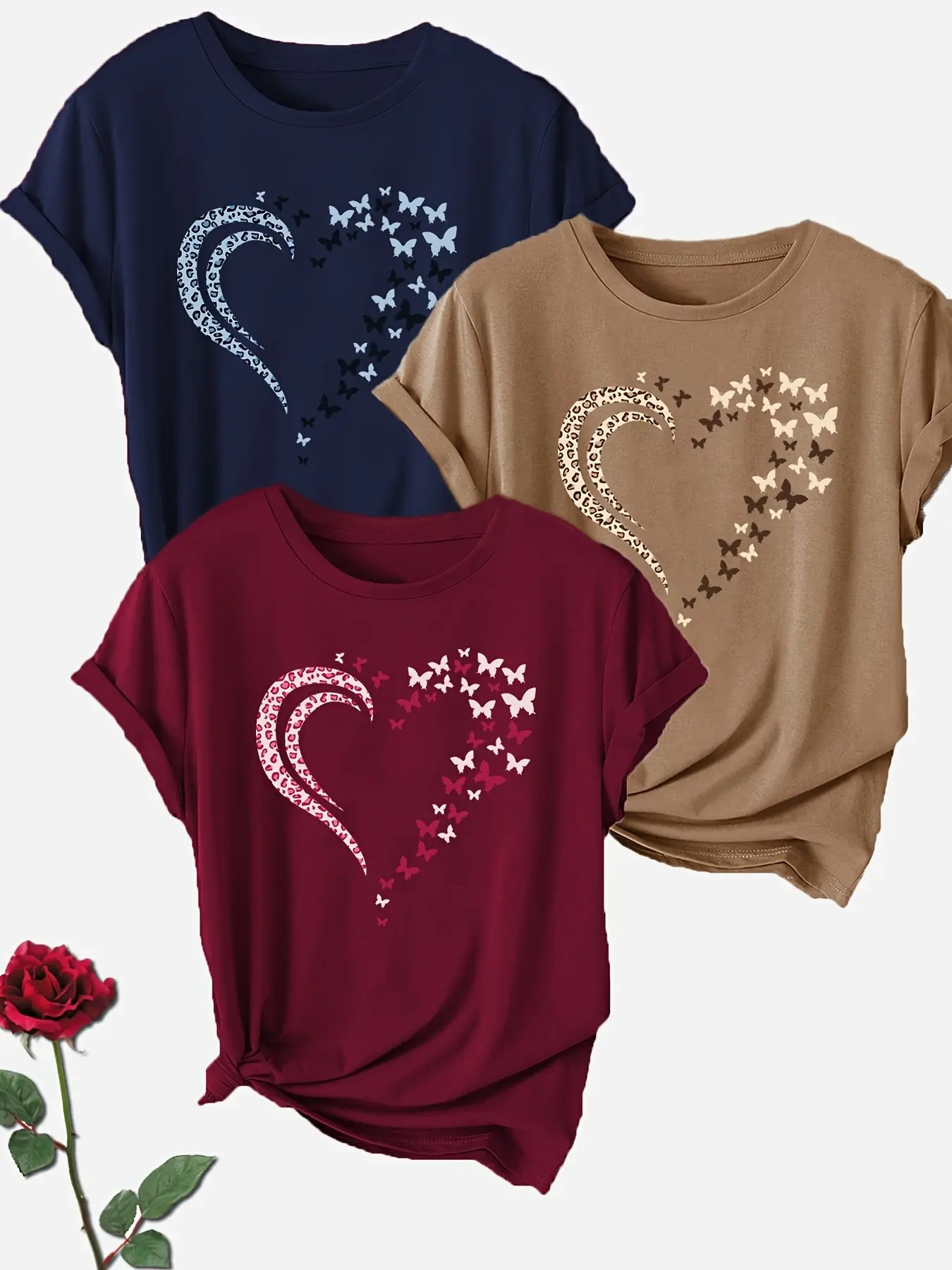 3-Pack Spring Summer Women's Heart Print Round Neck Short Sleeve Tops, Casual Sporty Style, Daily and Home Wear, Ladies Clothing