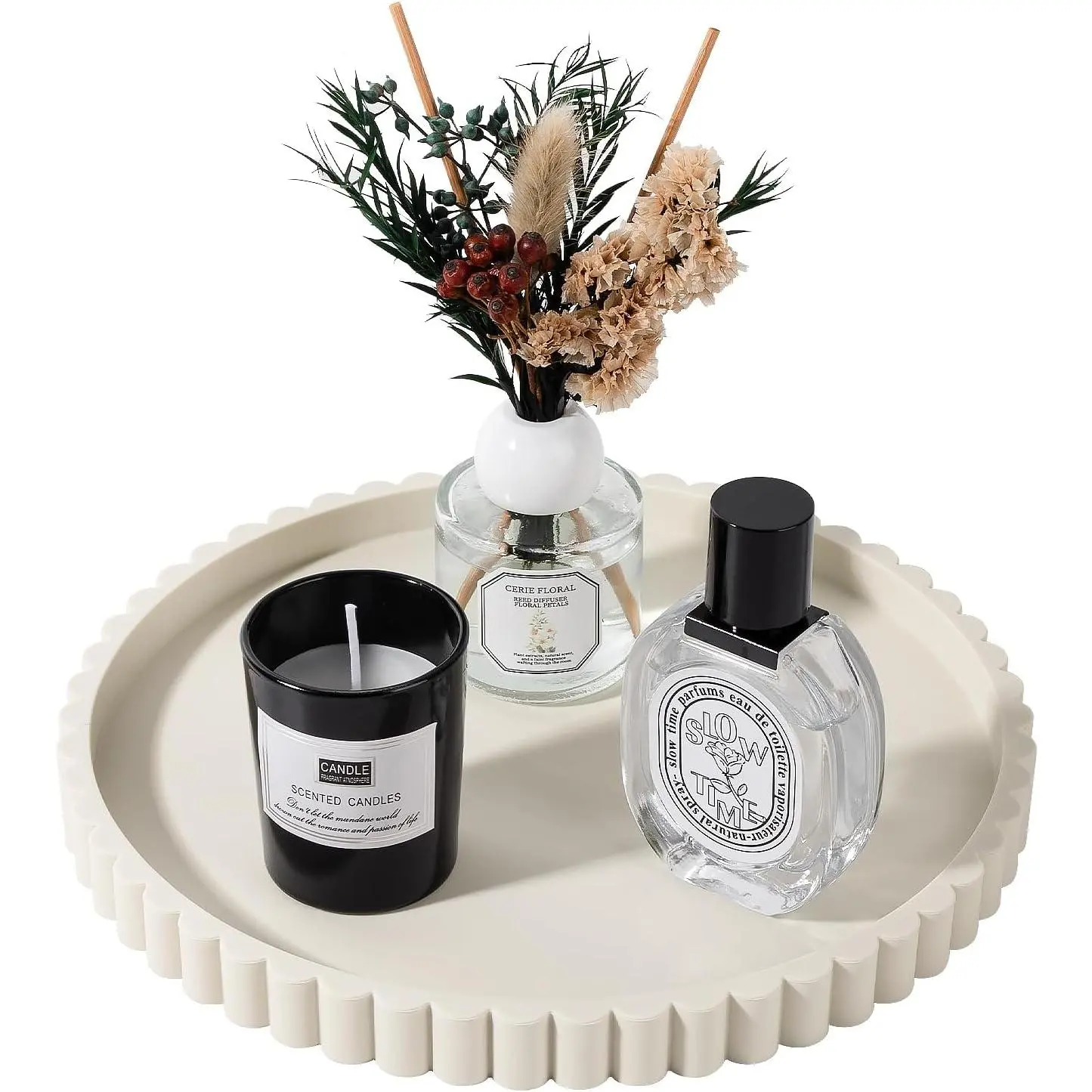 Round Bathroom Tray  Kitchen Counter Decor  Organizer Decorative Coffee Table Tray for Perfume, Candle, Soap Dish, 9 Inch, Beige