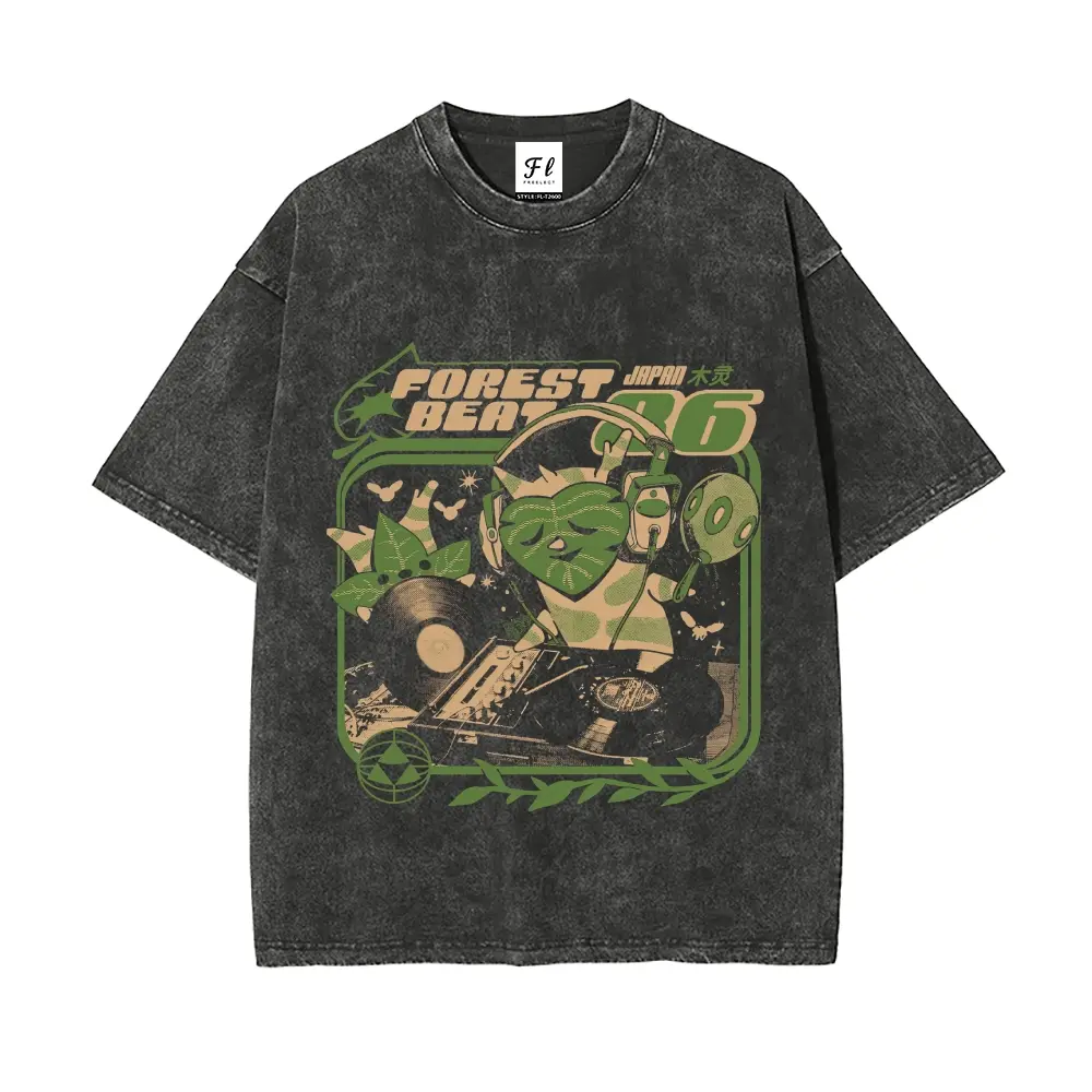 Forest Beats Unisex Clothing Round Neck Washed T-Shirt Vintage Style Casual Oversized