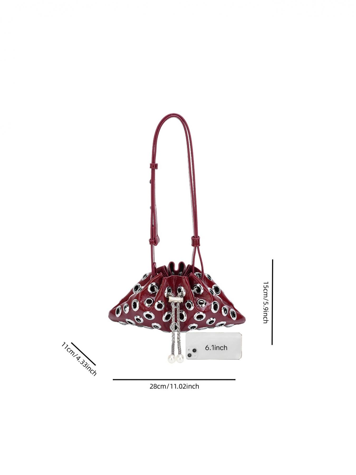 Punk Style Rivet Crossbody Shoulder Bag, Hollow Out Design, Casual Plain Pattern, Small Bucket Bag for Women, All Seasons Use, Embellished Shoulder Bag