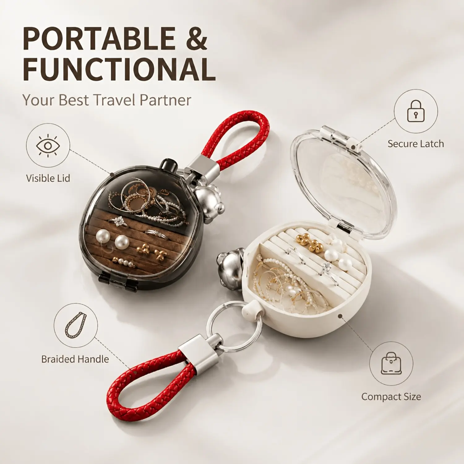 2pcs Mini Keychain Jewelry Box, Cute Travel Jewelry Organizer, Portable Velvet-Lined Jewelry Case, Women's Birthday Gift for Daily Use, Jewelry Box