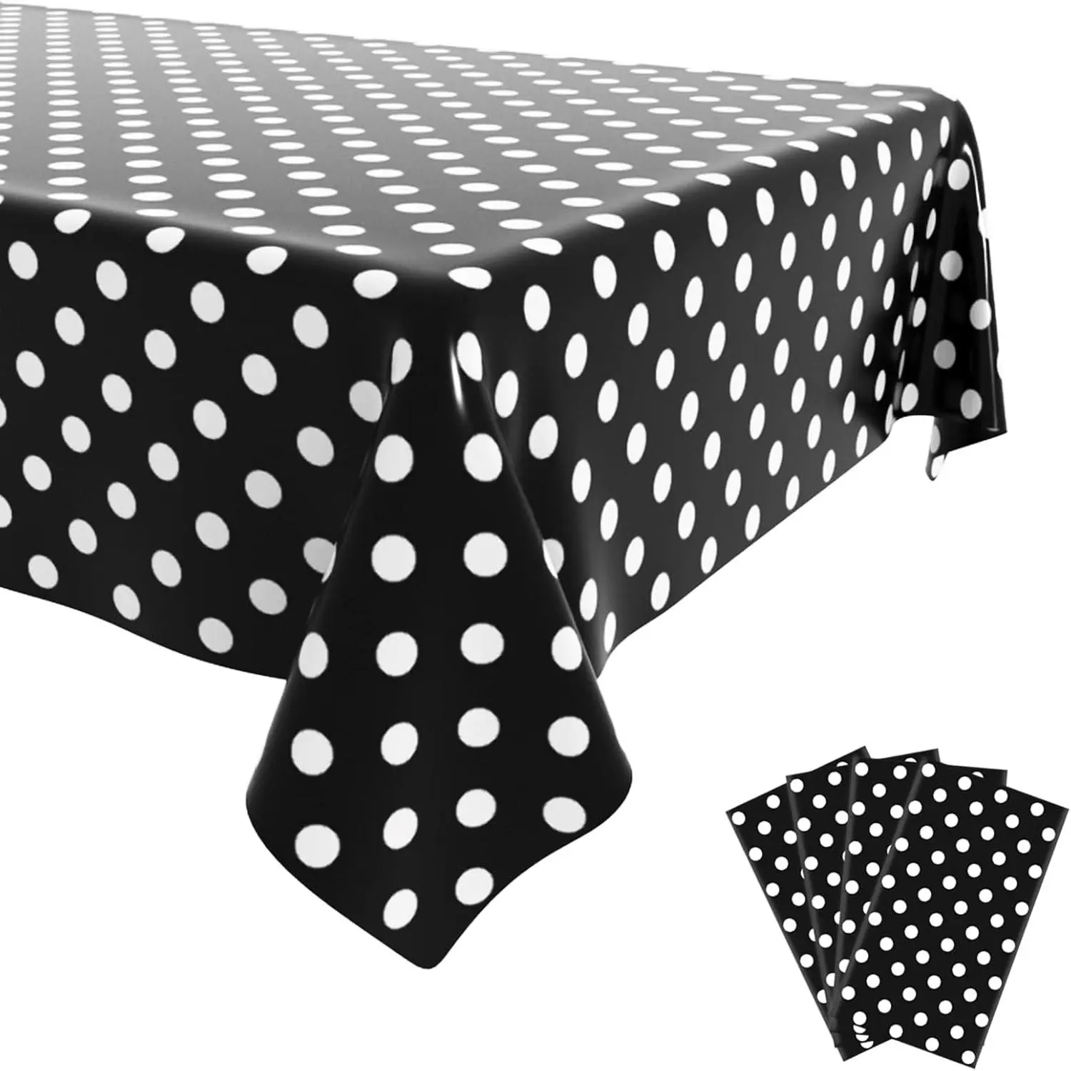 4 Pack Disposable Black Polka Dot Tablecloth, 54 x 108 Inch Black White Rectangular Table Cover, Plastic Waterproof Table Cloth for Picnic & Rectangular Tables