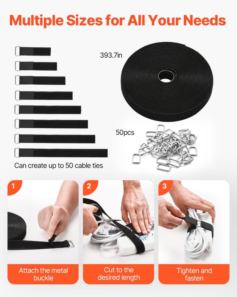 VEVOR Cable Ties, 393.7-Inch Adjustable Hook and Loop Straps with 50 Metal Buckles, Reusable Velcro Cords Straps, Cut-to-Length Wire Strap, Heavy-Duty Nylon Cord Ties for Organizer and Management