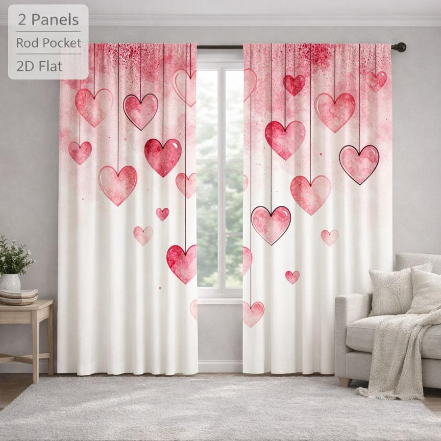 2Pcs Romantic Pink Heart Pattern Sun Blocking Curtains Digital Printed Rod Pocket, Window Treatment For Bedroom Office Kitchen Living Room Study Home Decor