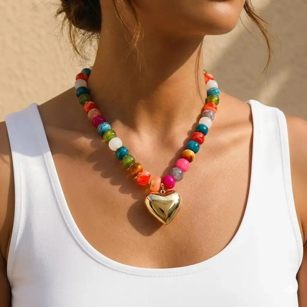 Golden Heart Chunky Chain Necklace for Women, Vintage Boho Style with Acrylic Resin Beads, Adjustable Choker with Puffy Heart Pendant for Valentine's Day, Golden Heart Necklace