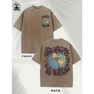 Go Make Disciples Of All Nations Matthew 28:19 Globe Cross Vintage Washed Double Sided Cotton T-Shirt, Christian Faith Retro Oversized Unisex Crew Neck Streetwear Tee