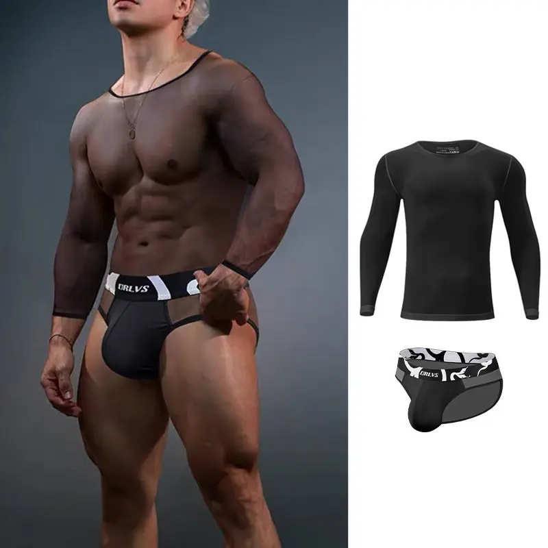 Men's Sexy Sheer Underwear Set – Quick-Dry Erotic 2-Piece, Stretchy Semi-See-Through Long-Sleeve Top & Briefs