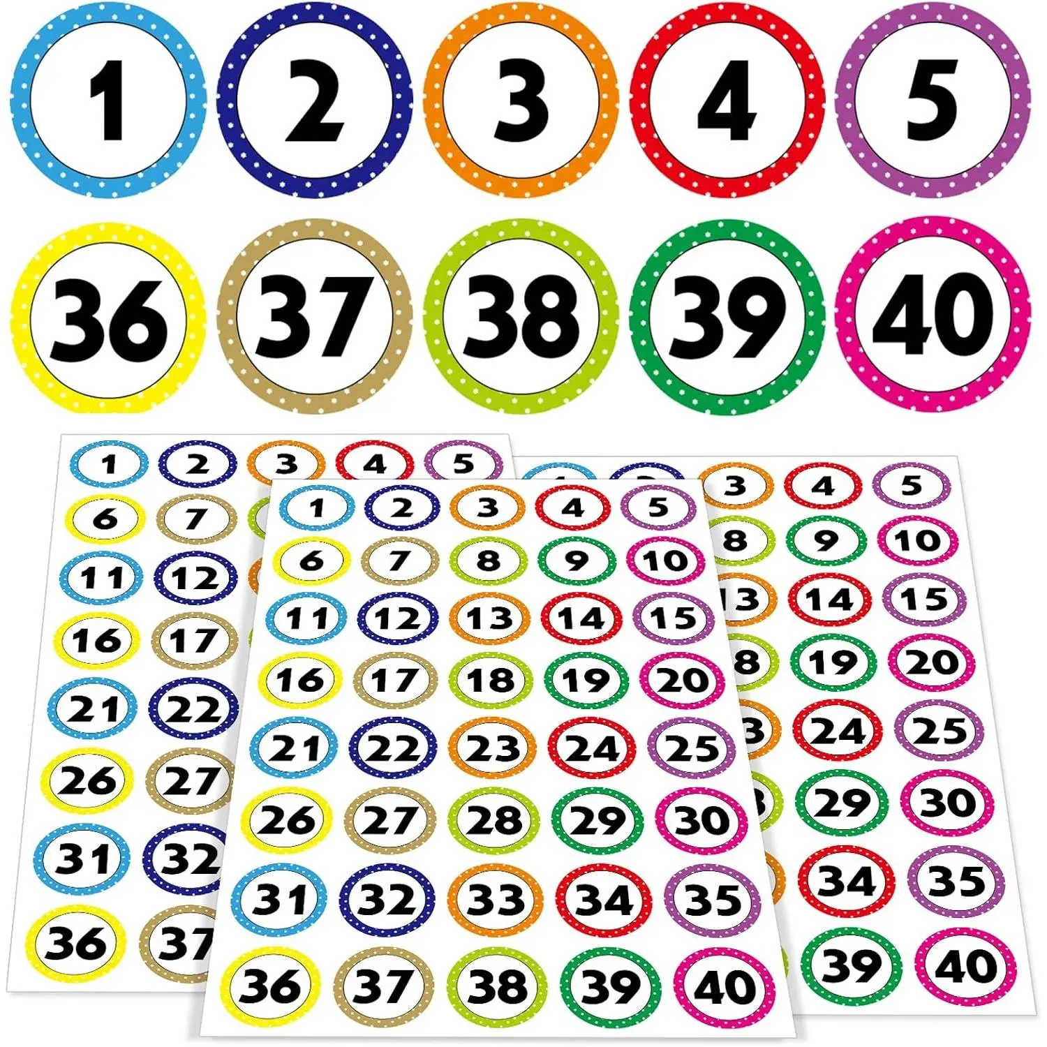 400 Number Stickers 1-40, 10 Sheets of Polka Dot /Oil-Resistant/-Resistant Removable Numbered Labels, Suitable for Storage Boxes, Cabinets, Bookshelves, Desks, Chairs, etc. (1 Inch)