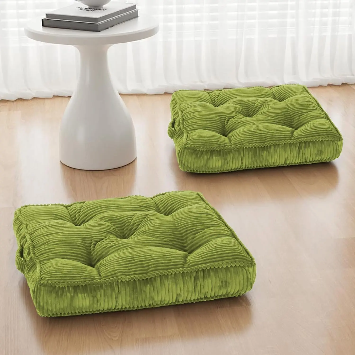Floor Pillow Set of 2, 24x24 Tufted Floor Cushion for Adults, Square Large Meditation Cushion Pillow, Corduroy Sitting Pillow with Handle, Yoga Seating for Tatami, Light Green