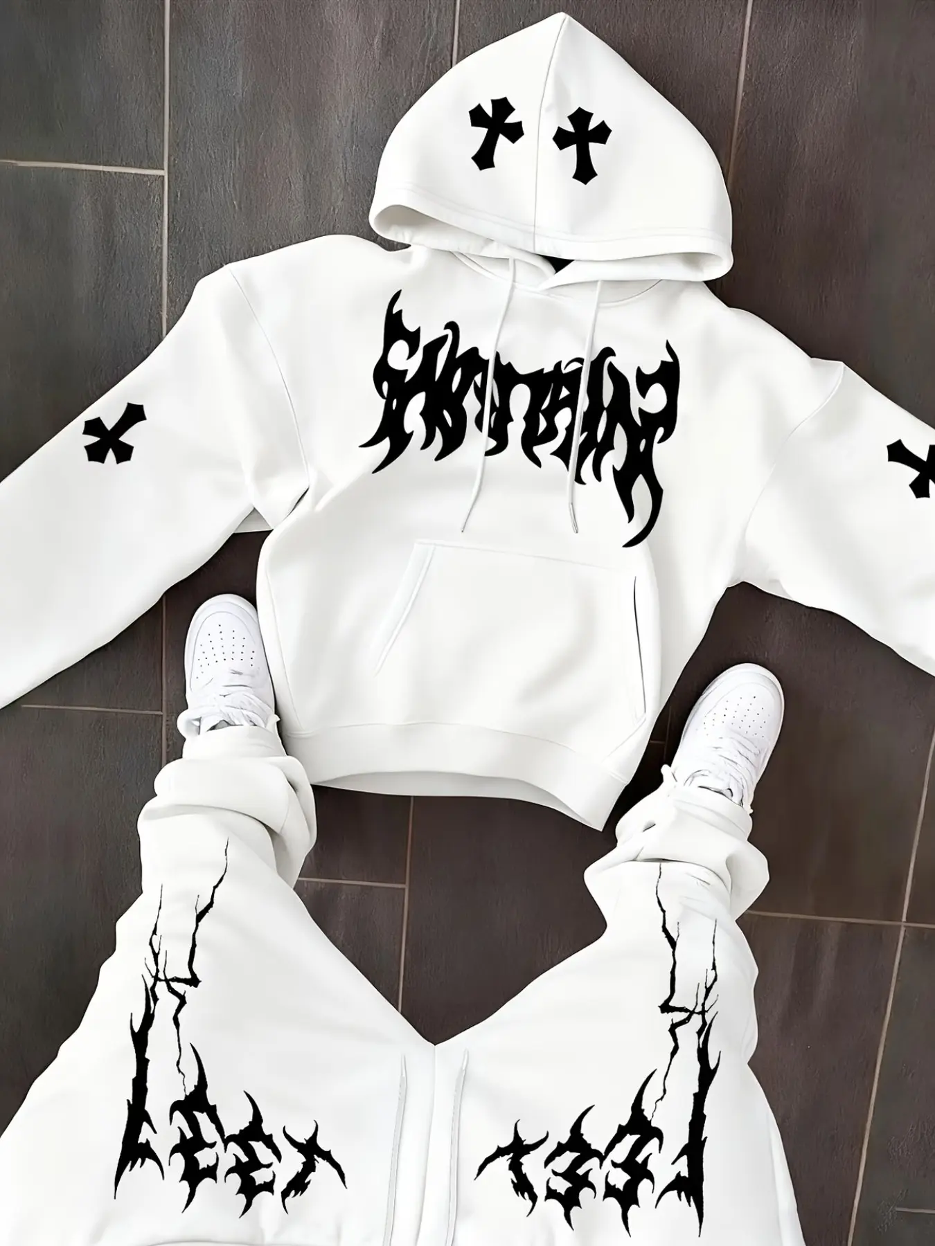 Men's Light Gothic Print Hoodie, Street Style, Graphic Pattern, Slim-Fitting, Kangaroo Pocket, Casual Daily Wear, Dark High Street Fashion, Casual Streetwear Hoodies
