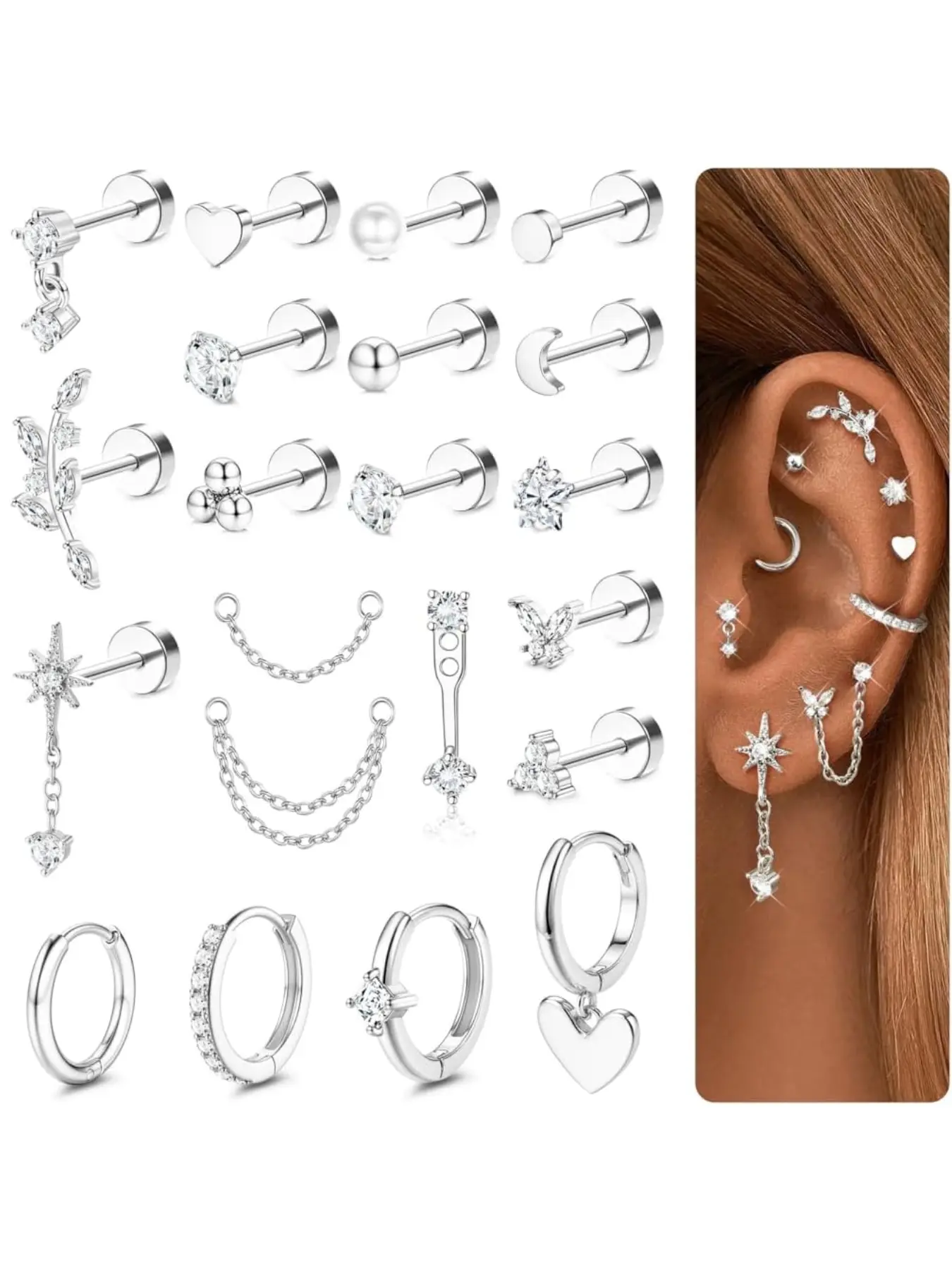 21Pcs Flat Back Earrings Stacks, Cartilage Helix Piercing Jewelry | 16G Hoop Stud Earring Set for Women, Hypoallergenic Surgical Steel, Conch Tragus Cartilage Helix Piercing Jewelry,Silver/Gold