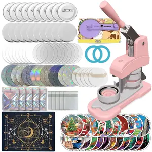 Pink Button Maker Machine 58mm (2.25 inch), DIY Button Pin Maker Machine Comes with Free Button Parts, Circle, Cutting Board, Pattern Paper, Holographic Bags, Colored Film, and Protective Case