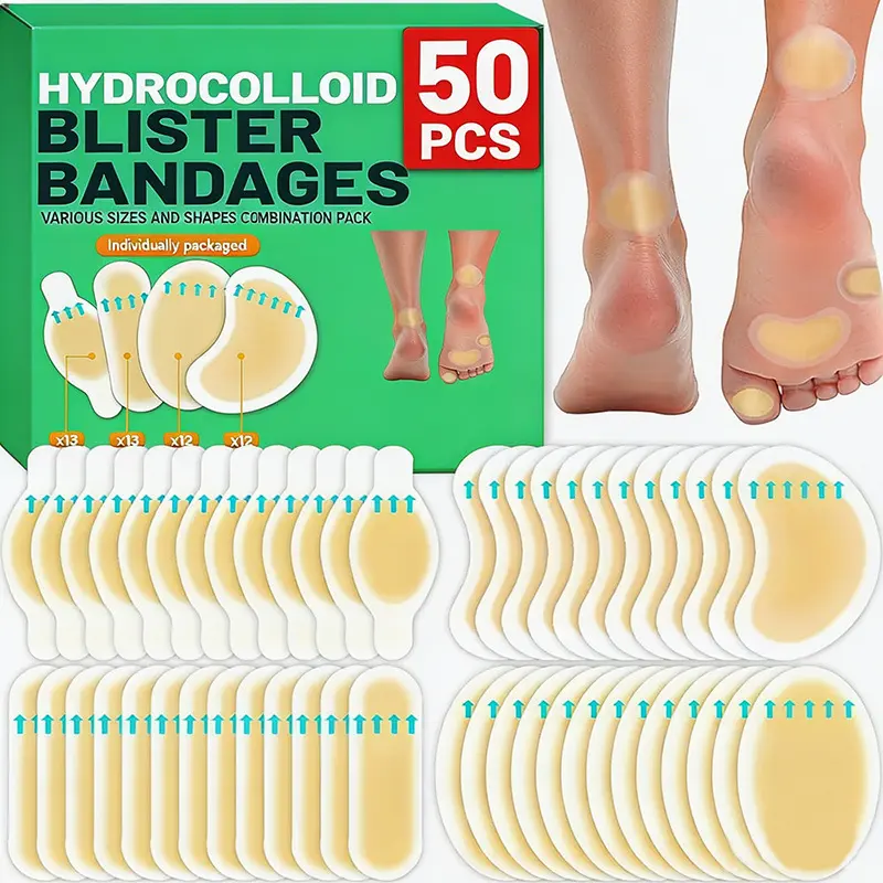 50PCS Hydrocolloid Blister Bandages for Feet Acne Patches – Waterproof Gel Cushion Variety Pack with 4 Sizes for Toes, Heels, Hands & Fingers, Protective Seal Pads for Shoe Rubbing Relief & Blister Prevention