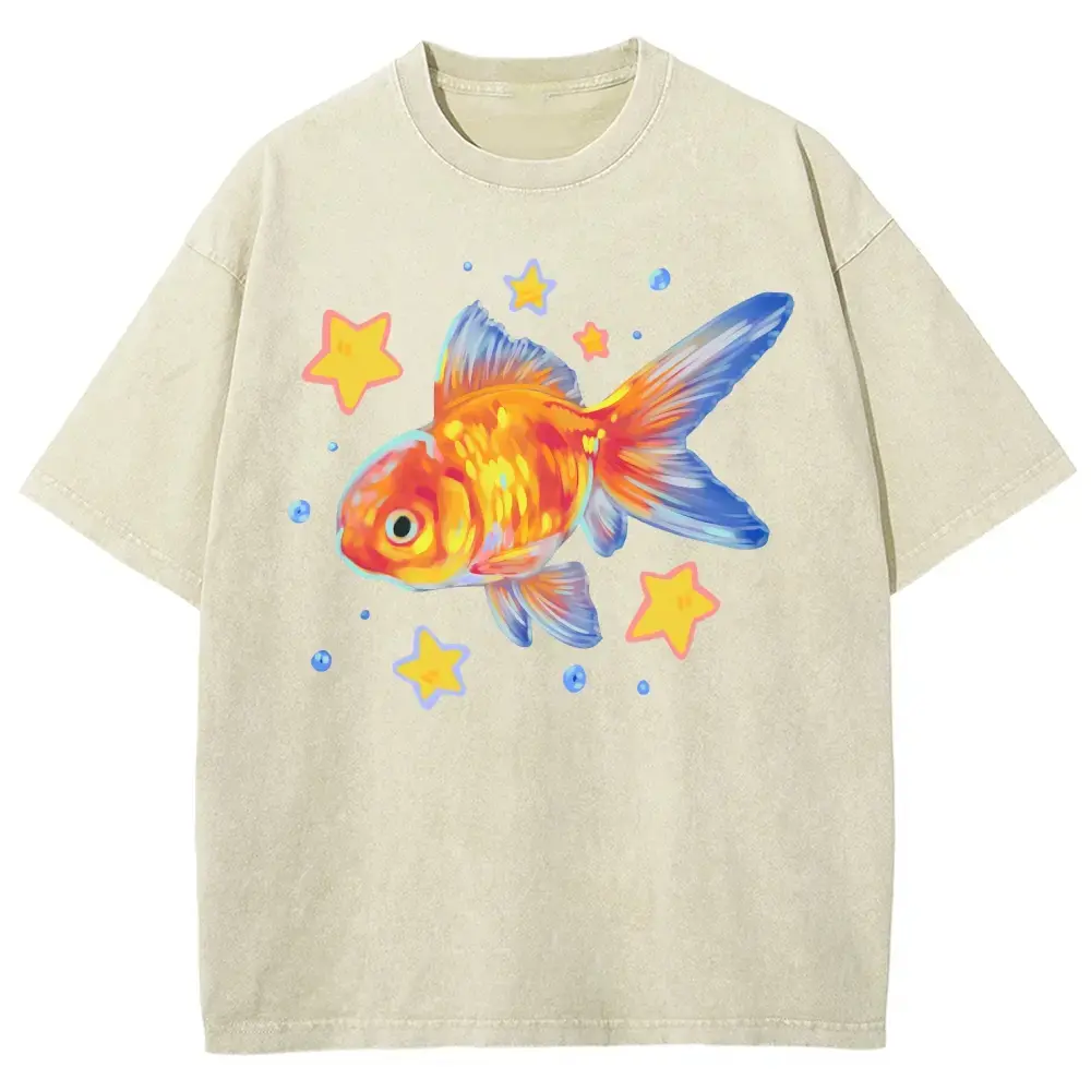 Vintage Acid Wash Goldfish Graphic T-Shirt |   Colorful Fish Star Print Streetwear Tee |   Unisex Casual Top