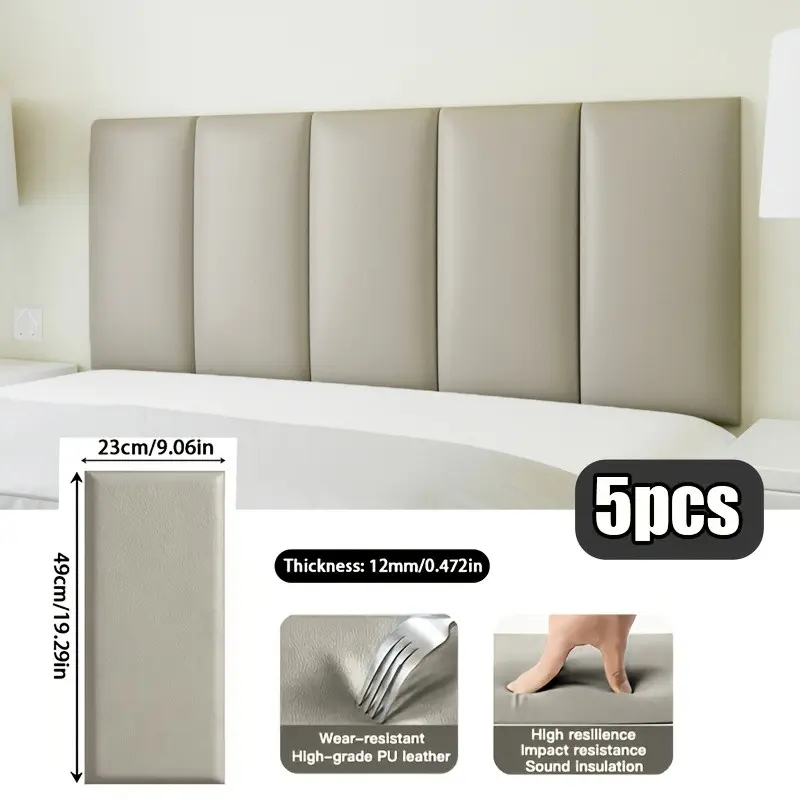 5pcs High-End Leather-Like Bed Head Wall Stickers, Thick 3D Texture, Self-Adhesive, Reusable, Noiseproof, Waterproof, for Living Room, Bedroom, Office