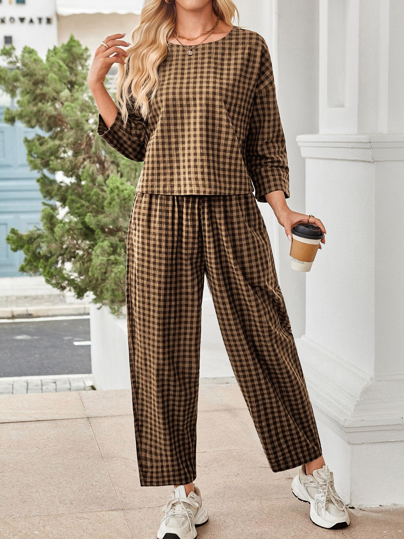 Women's Fall Casual Plaid Print Woven Set, Loose Fit Long Sleeve Top & Elastic Waist Wide Leg Pants Two-Piece for Home Wear, Clothes