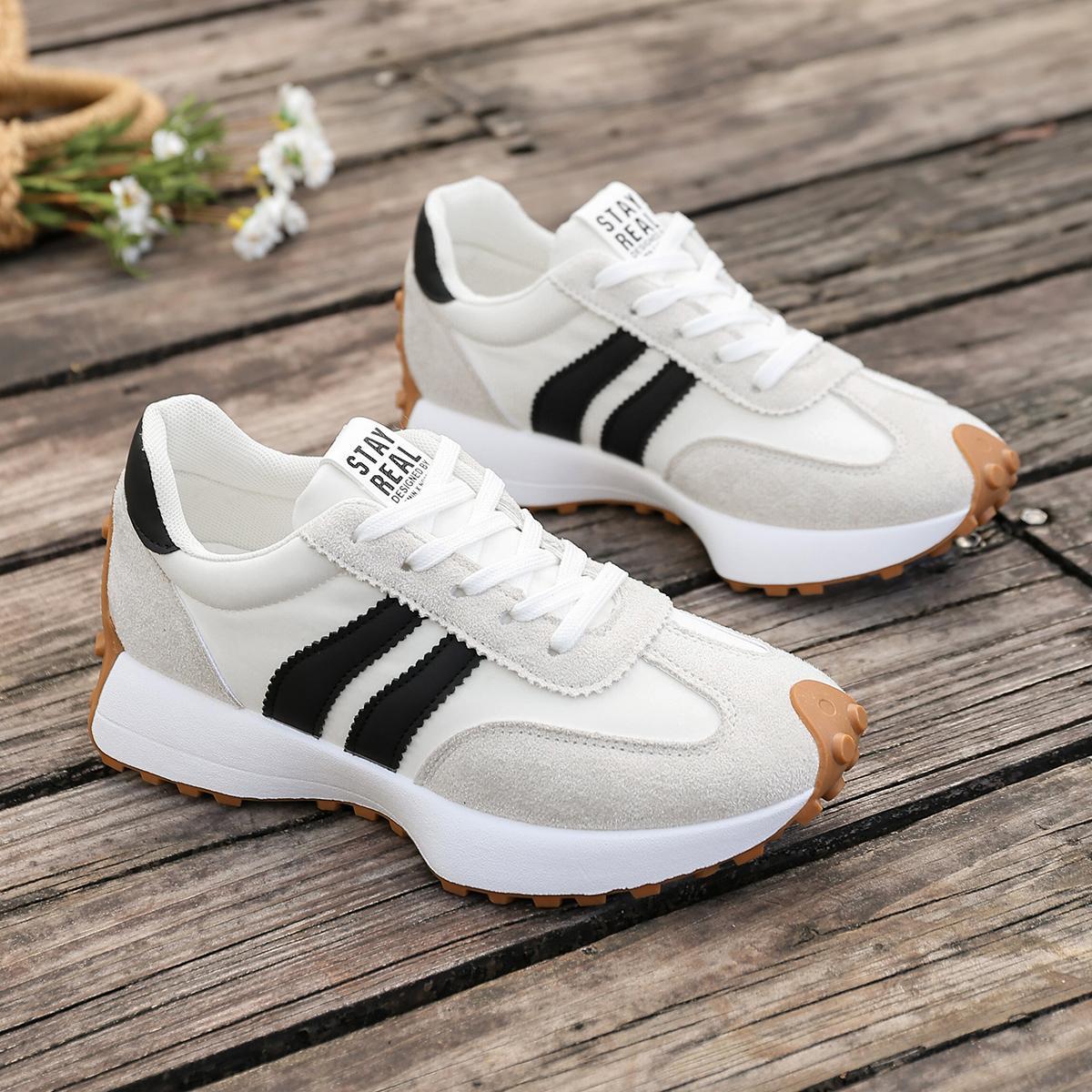 Women's Retro 70s Inspired Chunky Platform Sneakers, Suede & Nylon Upper, Striped Detail, Casual Dad Shoes for American Fashion Lovers