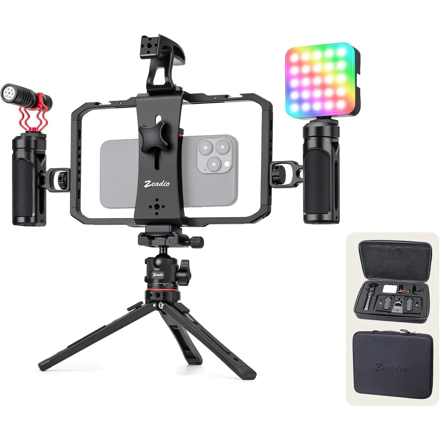 -in- Phone Video Vlogging Kit, Versatile Video Cage with RGB Light, Mic, Arca Ball  Tripod, Handheld Stabilizer for YouTube//Live Streaming, Compatible with  Smartphones