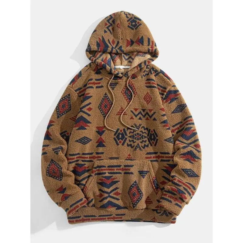 Men's Tribal Print Drop Shoulder Fuzzy Hoodie, Fashion Casual Regular Fit Drawstring Pocket Hooded Sweatshirt for Daily Holiday Outdoor Wear, Men Clothes for Fall & Winter