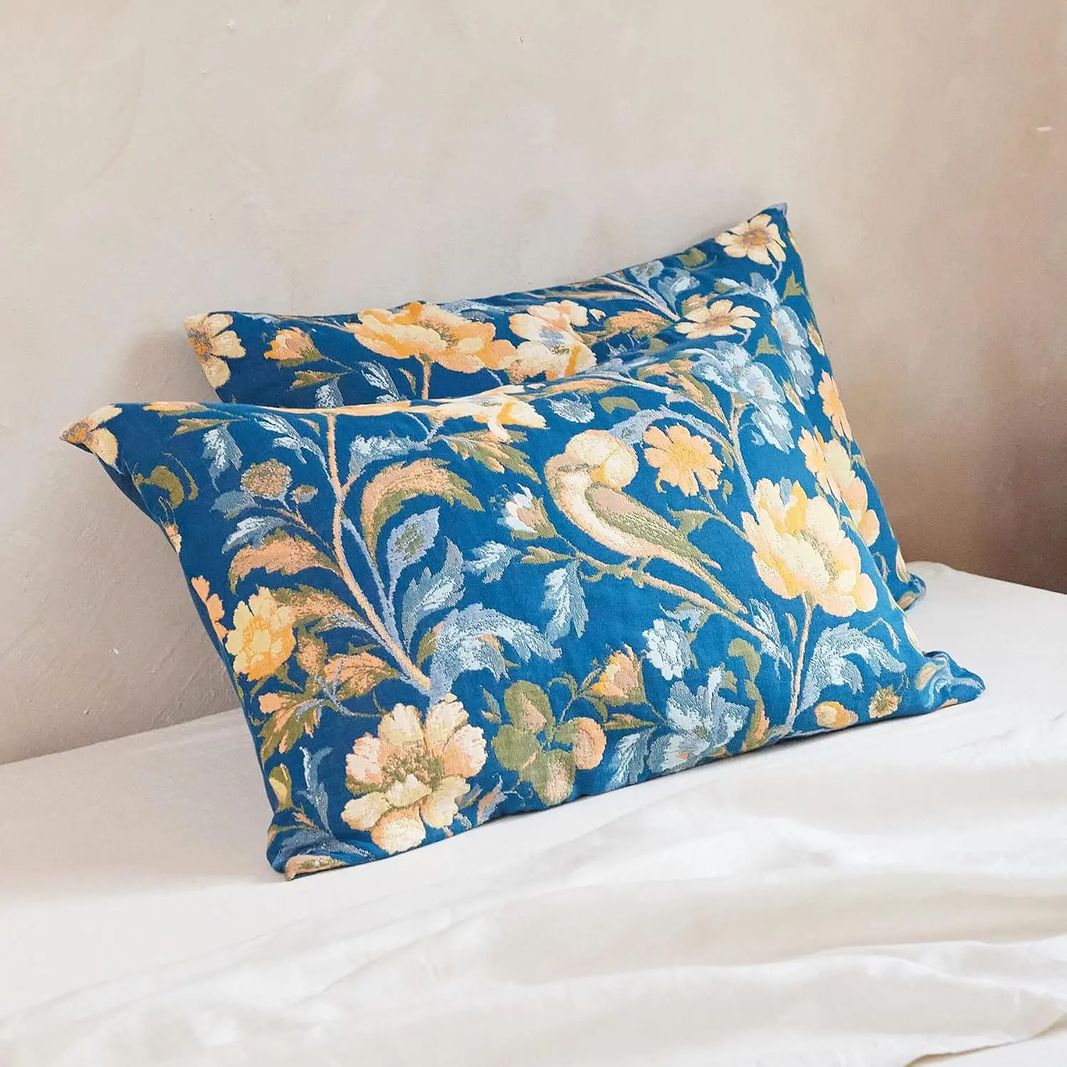 Washed  Boho Pillowcases for Set of 2-1000 Thread Thick Count 20"x30" with Zipper, Bird Floral  Soft  Bed Pillow Cases Cover