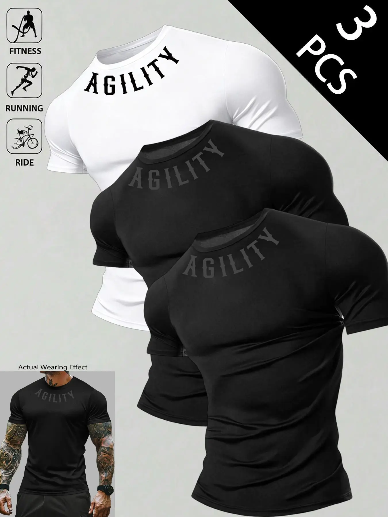 3 PCS Men's AGILITY Graphic Fitted Workout T-Shirts, Quick-Dry Stretch Athletic Tees for Gym, Running & Cycling, Breathable Athleisure Tops, Streetwear Casual Daily Outfits  Fitness T-Shirt, Active Shirts