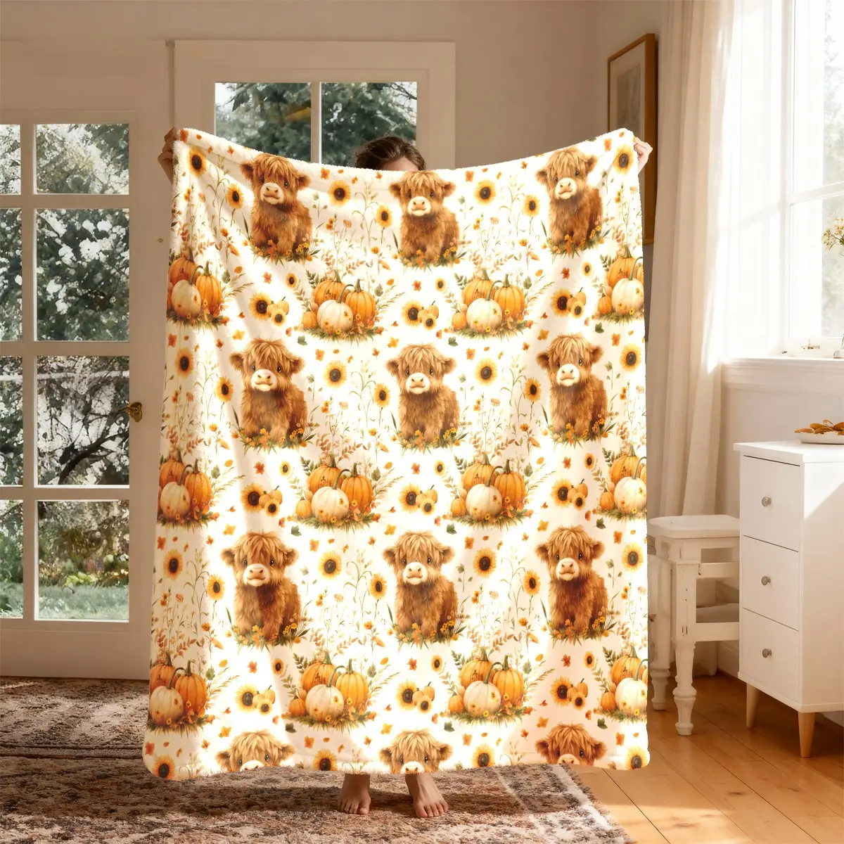 Highland Cow Pumpkin Sunflower Flannel Blanket, Large Size, Soft and Lightweight, Perfect for All Seasons, Ideal for Bed, Sofa, Office, Camping, Travel