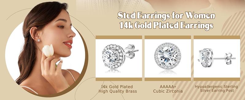 MILACOLATO 18K Plated Gold  Halo Stud Earrings 925 Sterling Silver Cubic Zirconia Stud Earrings Round Square Diamonique Stud Earrings Set for Women Men