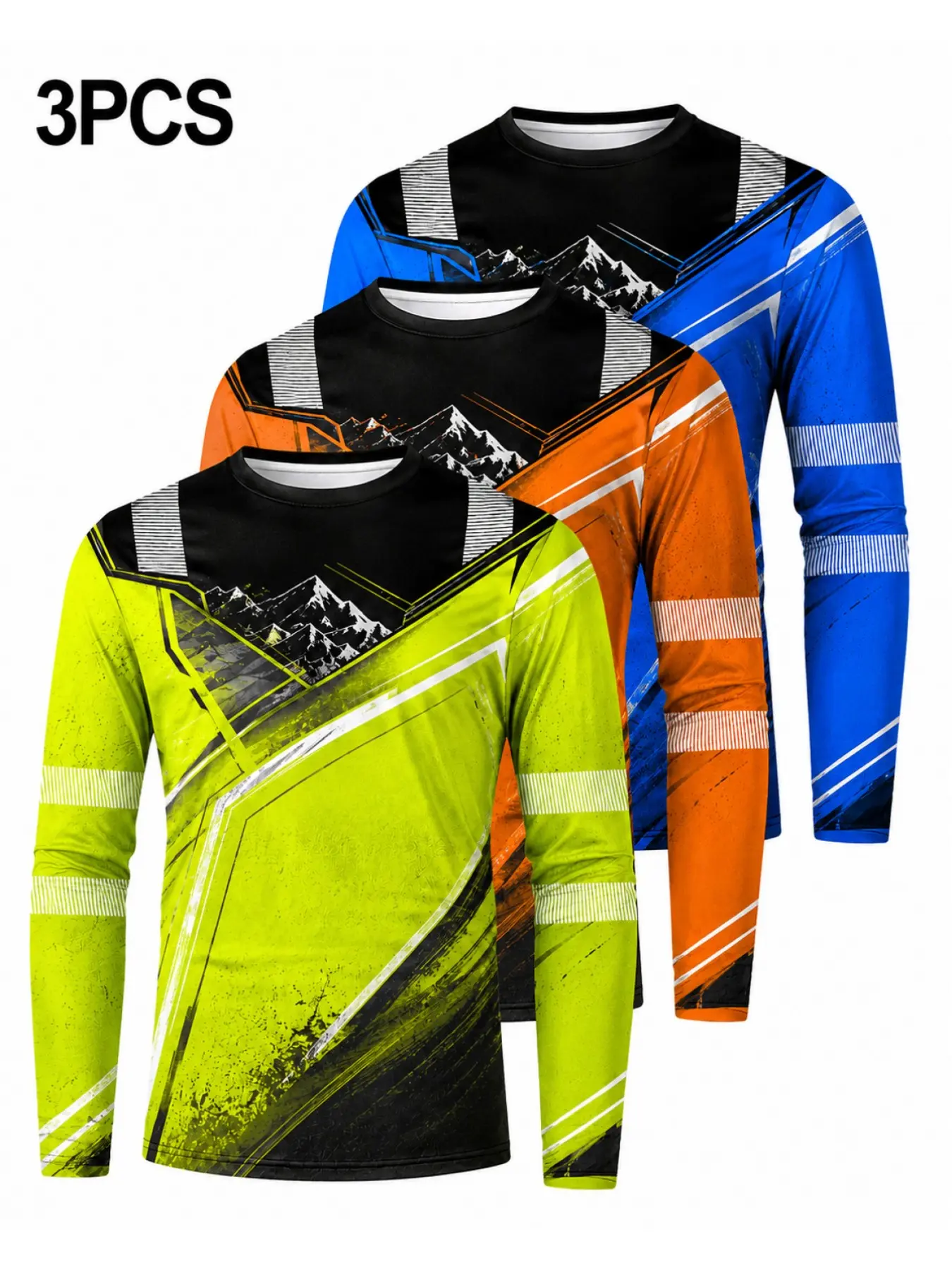 3PCS 3-Pack Men's Workwear Long Sleeve T-Shirts, Classic 3D Print, Casual Round Neck, Breathable Fabric, Outdoor Comfort, High Value