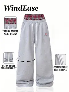 Men's Retro Fake Two-Piece Plaid Waistband Sweatpants, Loose Drape Sweatpants, Casual Comfy Sporty Oversized Wide Leg Joggers, Y2K Streetwear Pants for Urban, Athleisure Style Pants, Gym Streetwear Bottoms