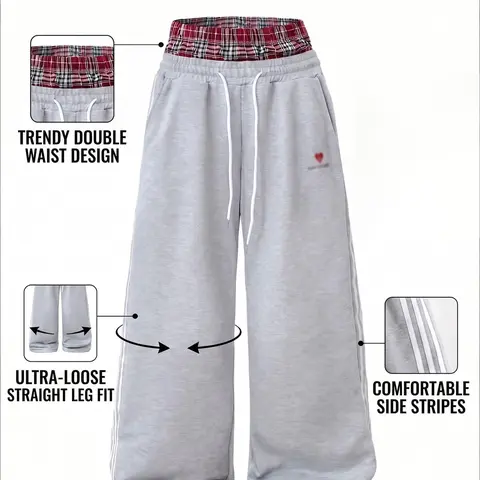 Men's Retro Fake Two-Piece Plaid Waistband Stripes Sweatpants, Y2K Oversized Wide-Leg Casual Pants, Heart Pattern