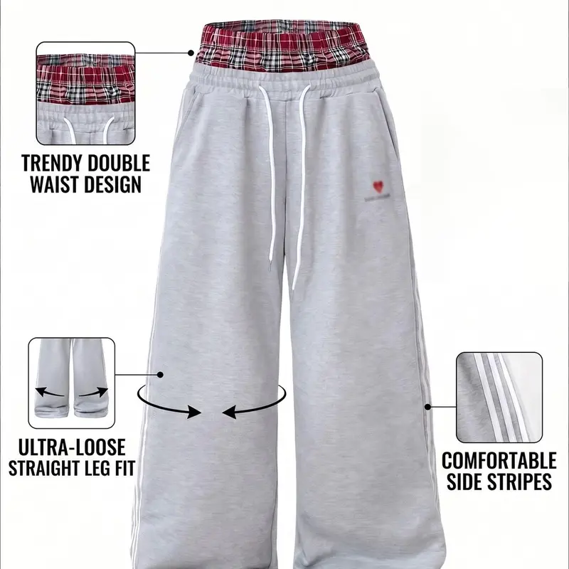 Men's Retro Fake Two-Piece Plaid Waistband Stripes Sweatpants, Y2K Oversized Wide-Leg Casual Pants, Heart Pattern