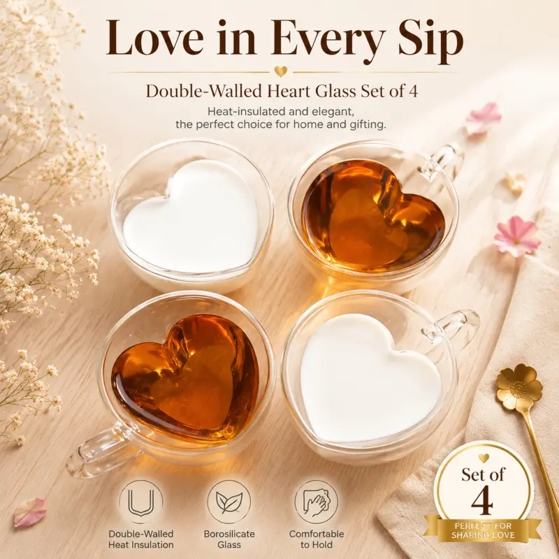 4 pack double wall heart shaped borosilicate glass mugs insulated clear glass coffee cups with handle romantic heart interior design for tea milk latte wedding gift home daily use Glass Cup Set Drinkware Glass