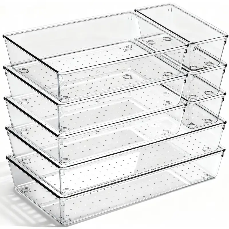 8 Pack Large Clear Plastic Drawer Organizer Bins - Acrylic Bathroom Drawer Organizer Trays - Heavy Duty Kitchen Drawer Dividers for Utensils - Non-Slip Storage Bins for Makeup, Bedroom, Office Desk-L