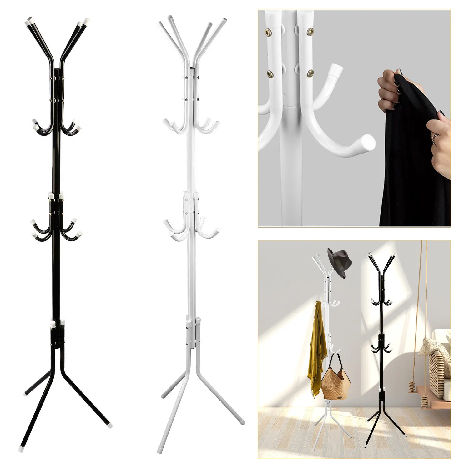 Freestanding Coat Rack with 8 Hooks, Metal Hat and Clothes Stand for Coats, Jackets, Hats, Bags and Scarves, 68.9 Inch Entryway Organizer for Bedroom, Hallway and Office