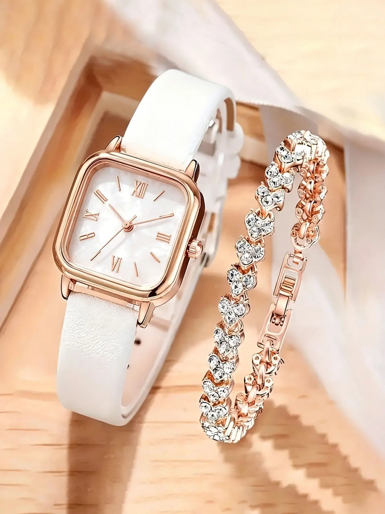 2-piece Quartz Watch Set for Women, Square Roman Numerals Leather Strap Women's Watch Kit, Quartz Analog Watches