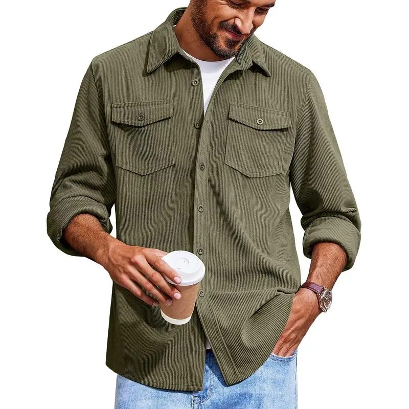 Men’s Corduroy Button-Down Shacket Tops - Menswear Plain Polyester Longsleeves Casual Lightweight Overshirt Jacket with Flap Pockets for Fall & Layering