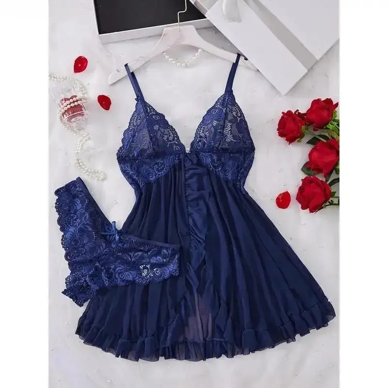 Ladies Multi-Size 2-Piece Cotton Intimate Set, Ruffled Spaghetti Strap Top With Matching Bottoms, Delicate Bow Accents & Sheer Floral Lace Details, Light Romantic Outfit For Private Nights And Special Intimate Occasions