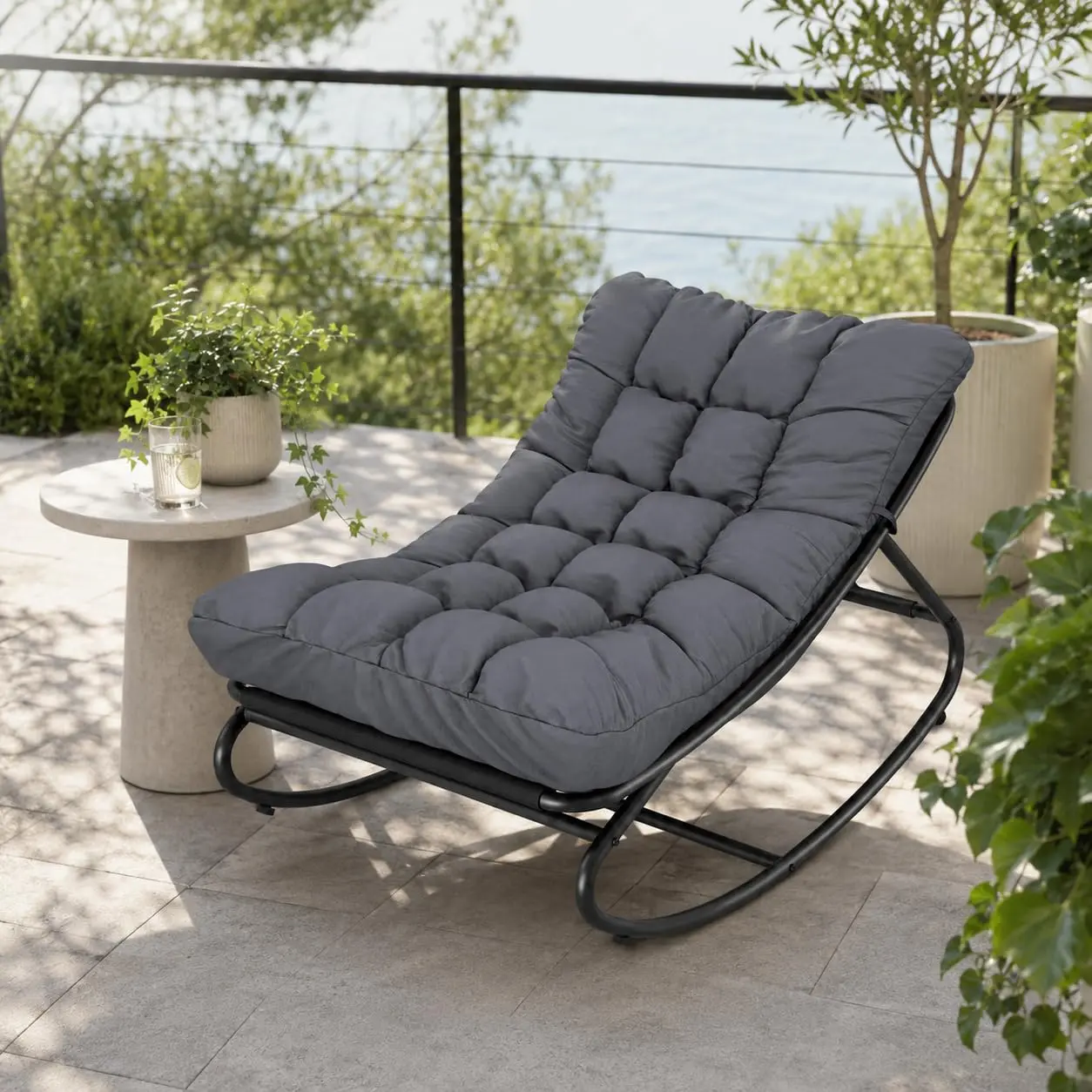 Oversized Foldable Outdoor Rocking Chair, Heavy Duty Metal Frame Patio Rocker, Thick PP Cotton Padded Cushion, Weather Resistant Oxford Fabric, Anti-Tip Non-Slip Pads, 450 LBS Weight Capacity, Removable Waterproof Outdoor Lounge Chair