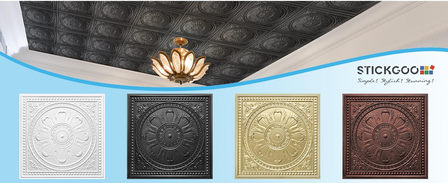 Drop Ceiling Tiles 24"x24", PVC Panels Ceiling Tiles Waterproof Reusable, Covers 48 Sq.Ft., Baroque Decorative Tiles for Home & Use (Pack of 12, Black)