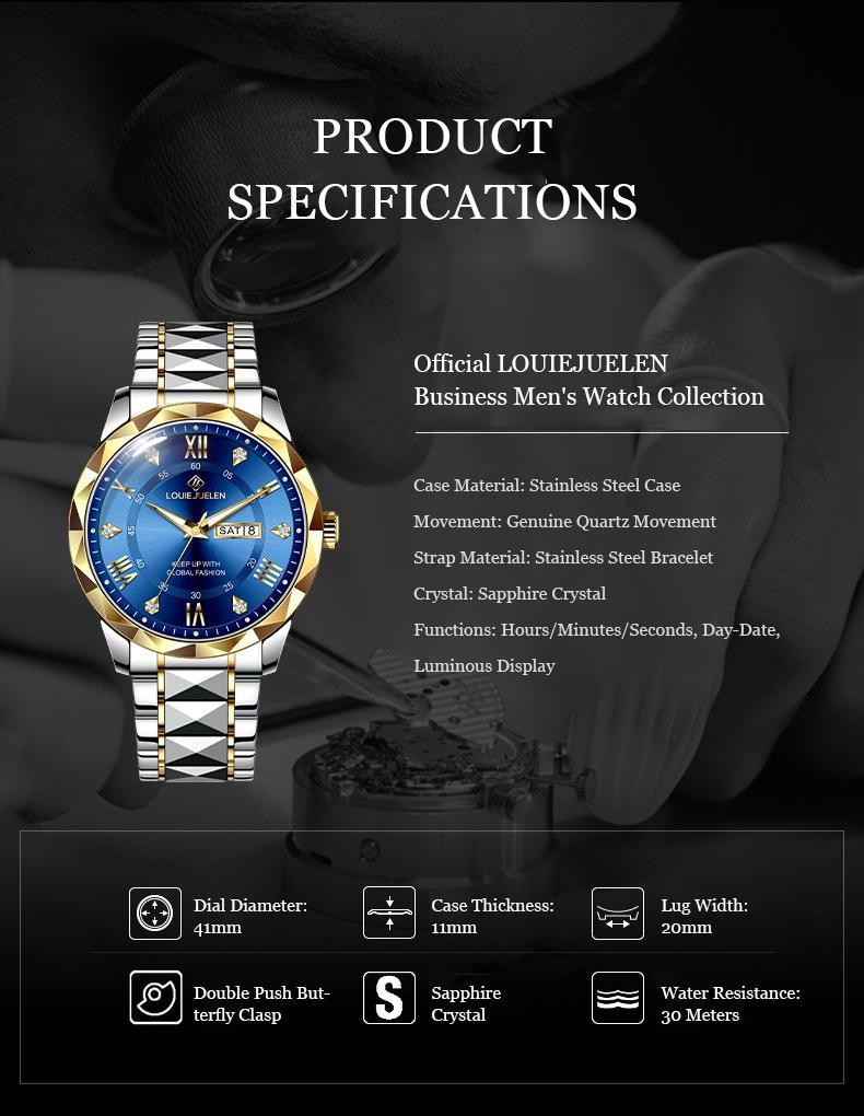 Luxury Swiss Men's Watch, 42mm Dial with Chronograph Sub-dials, Sapphire Crystal & Luminous Hands