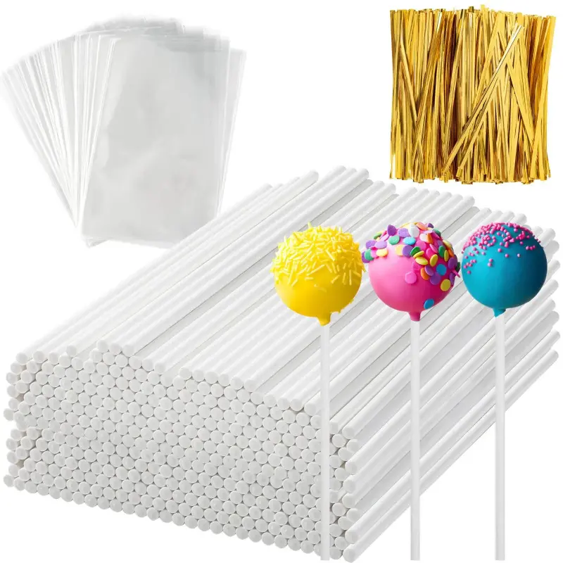 600Pcs Lollipop Stick, 6IN Cake Pop Sticks with Clear Treat Bags & Gold Twist Ties, Cake Pops Making Tools for Lollipops, Candies, Chocolates Cookies Set Kit