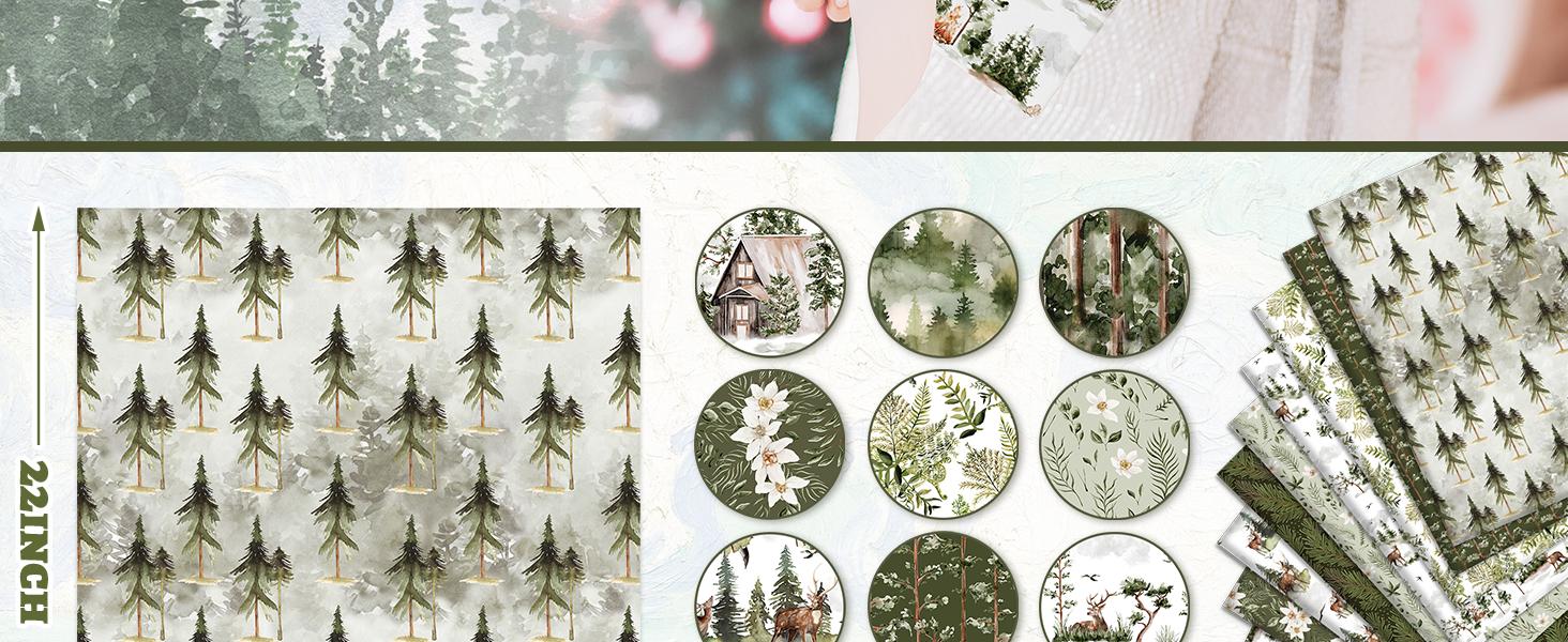 12Pcs Christmas Watercolor Forest Cotton Bundles 18 x 22 Inch Green Christmas Tree Flower Deer Fat Quarter Xmas Quilting Patchwork for DIY Sewing Crafting